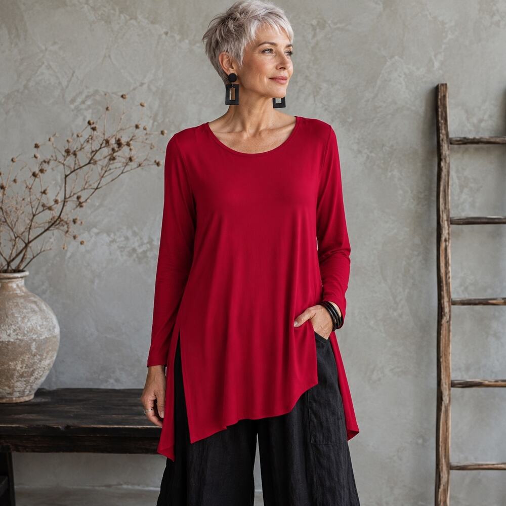 Eileen Fisher Red Silk Long Sleeve Top Small